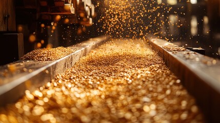 Grain or seeds being processed on a conveyor belt in an industrial setting.