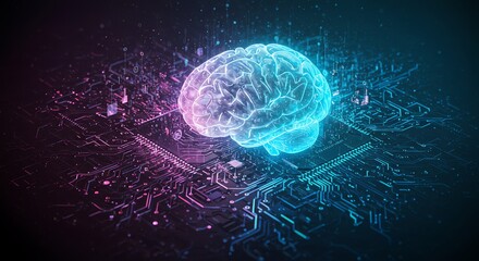 Brain on Circuit Board Glowing with Digital Connection