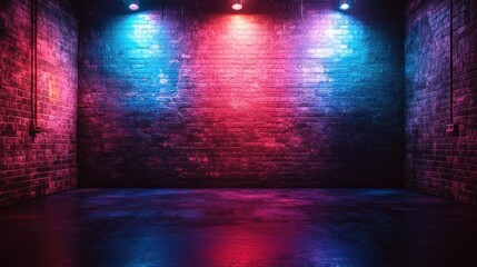 Empty brick room illuminated by blue and red spotlights creating a vibrant atmosphere.