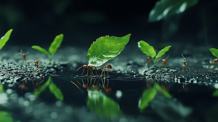 Determined ants with leaves pictures