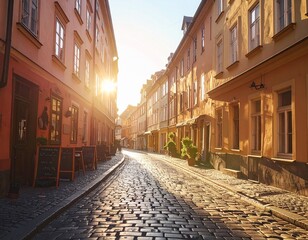 Fototapeta premium Charming European old town street, cobblestone roads, cozy cafes, colorful buildings, golden hour sunlight, ultra-realistic street photography --v 6 --style raw 