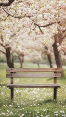 Charming minimalist wooden bench surrounded by blossoming orchard with a soft focus background