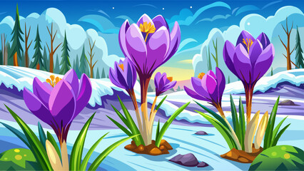 Obraz premium Purple crocuses growing through the snow in early spring