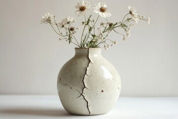 White flowers in a cracked, off-white ceramic vase, minimalist aesthetic.
