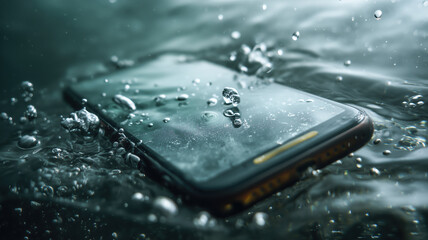 A smartphone submerged in water, surrounded by bubbles and droplets, conveying a sense of immersion and possible damage.