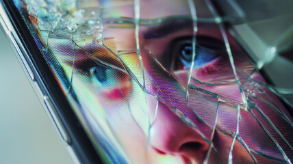 Fototapeta premium Fractured Reality: A damaged screen distorts a human face, blending vulnerability with the digital world's fragility.