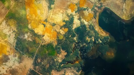 Aerial view of diverse landscape with water, fields, and vegetation.