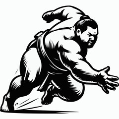 Sumo wrestler in motion showcasing strength and power on a white background
