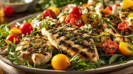 Grilled chicken breast with herb topping served on arugula with cherry tomatoes, showcasing a healthy and delicious meal, perfect for recipe websites or food blogs
