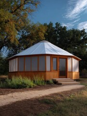 Small wooden cabin with a white dome-shaped roof. the cabin is located in a grassy area with trees in the background.