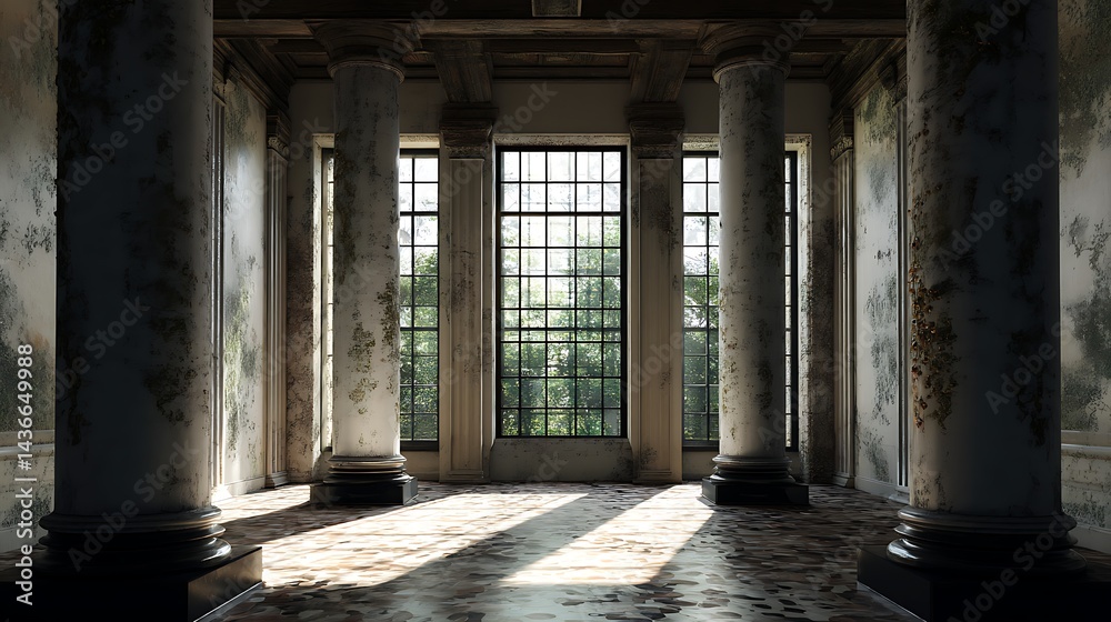 Aufkleber A room with columns and a large window