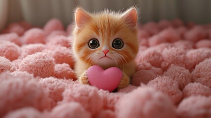 Cute kitten holding heart with pink fur.