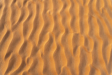 Close-up sand winding dune background. Unusual sand summer texture. Copy space for text. Top view.