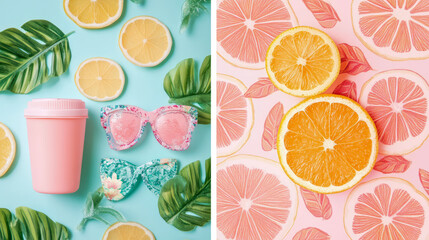 Summer mood: Pastel still life with fruit and summer essentials