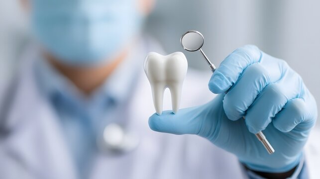 Zahnarzt h&auml;lt Zahnmodell und Spiegel in der Hand
