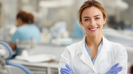 Fototapeta premium Junge Zahnärztin lächelt freundlich in moderner Klinik 