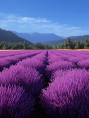 Obraz premium Vast field of lavender flowers with a clear blue sky in the background. the lavender plants are arranged in neat rows, creating a beautiful and serene landscape.