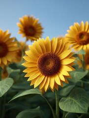 Obraz premium Close-up of a sunflower with bright yellow petals and dark brown center. the sunflower is in the center of the image, surrounded by other sunflowers in the background.