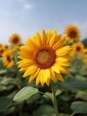 Obraz premium Close-up of a sunflower in a field. the sunflower is in the center of the image, with its bright yellow petals and dark center.