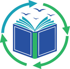 Abstract digital illustration of a stylized book with blue and green accents and swirling arrows