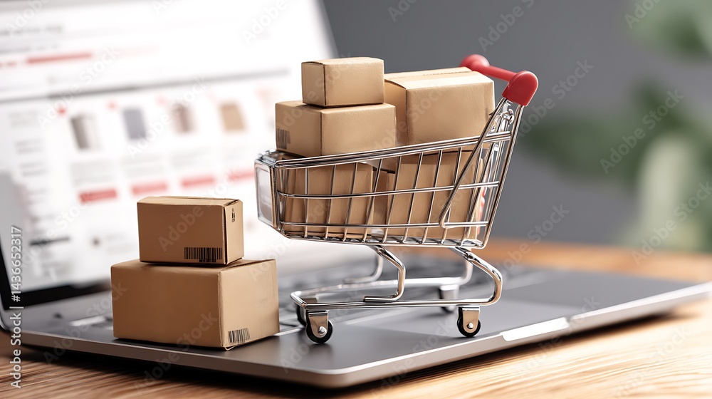 Poster A shopping cart with boxes beside a laptop displaying an online shopping interface
