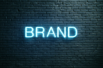 Neon "BRAND" sign on dark brick wall, ideal for branding, advertising, or business promotion mockups, showcasing a modern and stylish design