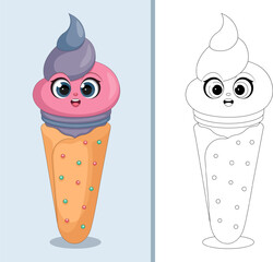 Cute Cartoon Ice Cream Coloring Page and Color Illustration