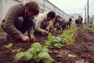 Volunteers plant leafy greens in urban farm; collaboration, community involvement and sustainable agriculture initiative, gardening.