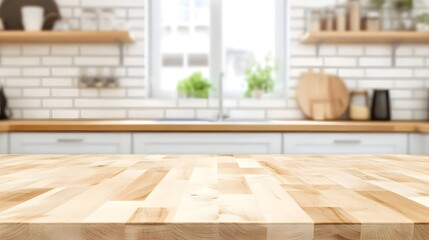 Beautiful Wooden Tabletop Counter in Clean Kitchen with Natural Light