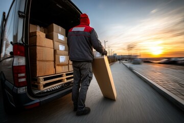 Delivery Worker Unloading Boxes from Van at Sunset, Transporting Package for Shipping Service, Logistics and Distribution