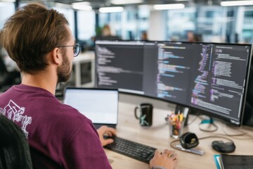 Man Coding Software on Dual Monitors at Desk in Modern Office; Person Typing on Keyboard, Displaying Code on Screen