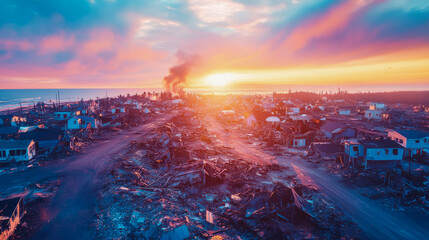 Concept: Coastal disaster; A town ravaged by an event at sunset