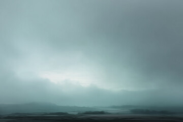 Faint natural light leaking through overcast sky above misty landscape, soft atmospheric view with minimalistic dreamy tone, serene foggy nature background for mood and tranquility concepts.