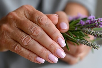 Fototapeta premium Elegant hands with a beautiful polish gently hold purple flowers, creating a cozy and inviting atmosphere that highlights personal style and care.