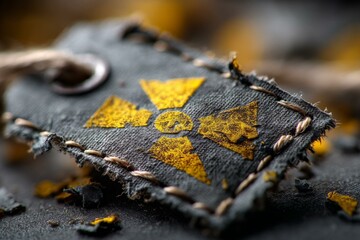 Naklejka premium Distressed Black Fabric Tag with Yellow Nuclear Symbol and Coarse Stitching Detail for Environmental Hazard Awareness