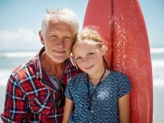 Smiling grandfather and granddaughter duo on a sunny beach with a neon red surfboard, soft blue sky and lens flare bouncing off water