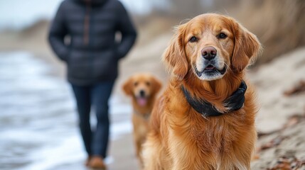 Obraz premium Golden Retrievers Walk Along the Beach with Their Owner