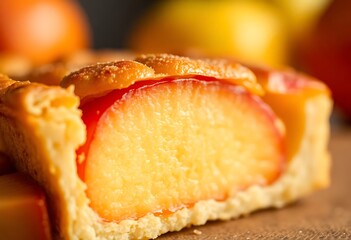 close up of a piece of cake with fruit in the background