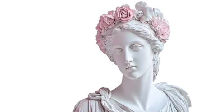 A statue of a woman with a flower crown on her head