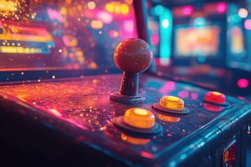 Retro arcade game joystick and buttons bathed in vibrant neon lights, showcasing classic gaming nostalgia.