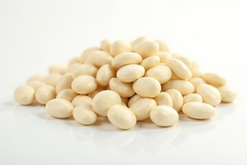 Pile of white beans against a pure white backdrop, mound, culinary photography, food photography