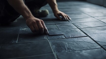 Person Installing Dark Slate Tiles on Floor
