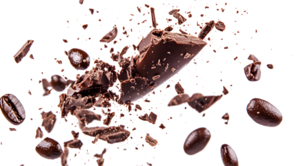 A chocolate bar is broken into pieces and scattered in the air