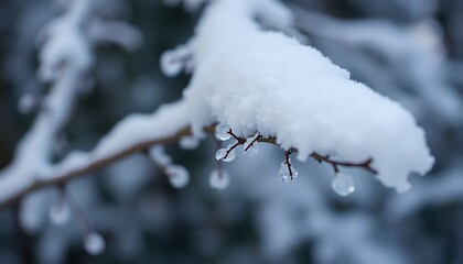 snow covered branch with drops of water on it