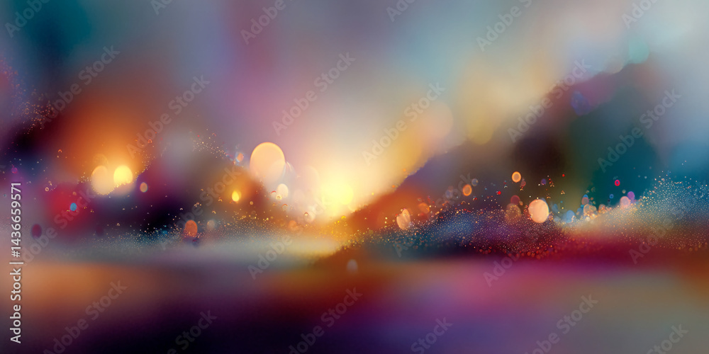 Poster blurred sunset landscape with bokeh lights and sparkle, creating a dreamy, magical atmosphere ideal 