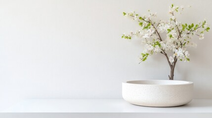Minimalist white aesthetic with a small flowering branch in a bowl