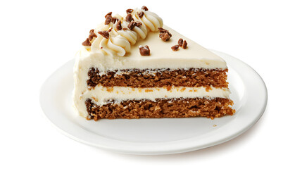 A slice of carrot cake with nuts on top