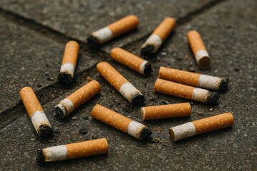 Cigarette butts scattered on the pavement reflecting the remnants of urban life in a bustling city environment Generative AI