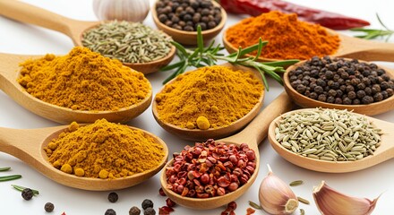 Fototapeta premium Assorted Cooking Spices on Wooden Spoons for Culinary Ingredient Variety