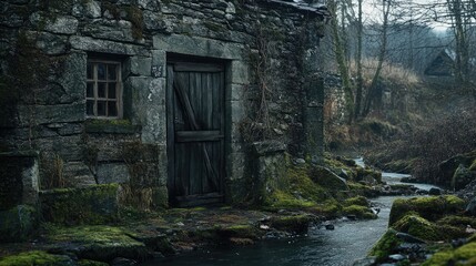 Ancient Stone Building by a Mossy Stream in the Woods